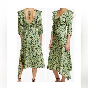 TopShop Green Floral Satin Ruffle Midi Dress Size 8